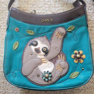 Chala Sloth Messenger Crescent Crossbody Purse Bag Turquoise Blue Embroidered